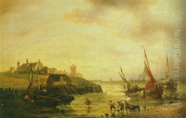 A Coastal View With Fishermen Hauling In Their Ships In A Stiff Breeze Off Nieuwport (?) - view 1