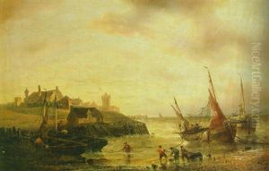A Coastal View With Fishermen Hauling In Their Ships In A Stiff Breeze Off Nieuwport (?) A Coastal View With Fishermen Hauling In Their Ships In A Stiff Breeze Off Nieuwport (?)