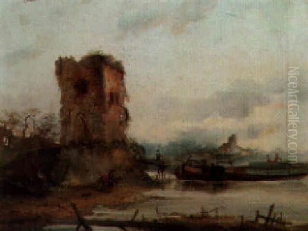 Barges In A River Estuary Beside A Ruined Tower - view 1