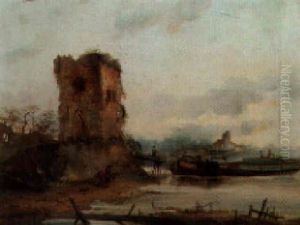Barges In A River Estuary Beside A Ruined Tower thumbnail