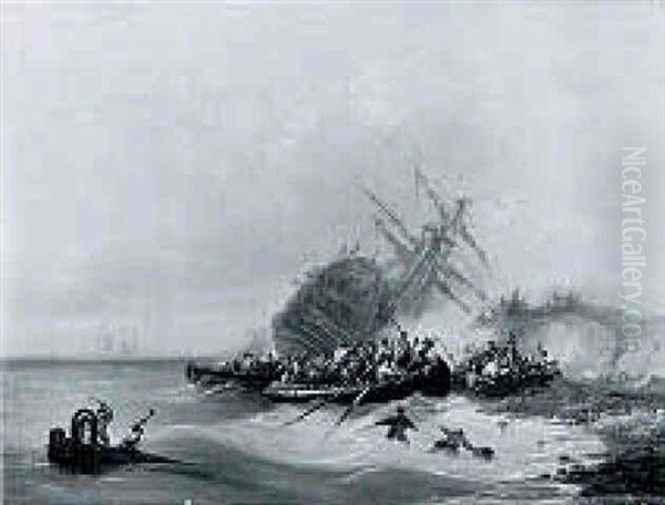 Sailors Engaged In A Battle At A Shore, A Capsized Man-o'-war Beyond - view 1