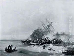 Sailors Engaged In A Battle At A Shore, A Capsized Man-o'-war Beyond by Francois-Etienne Musin