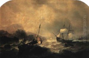 Fishing Vessels In Stormy Seas Off A Rocky Coastline by Francois-Etienne Musin