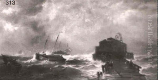 Stormy Coastal Seascape With Fishing Boats And Pier - view 1