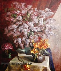 Still Life With Lilics And Tulips by Jekabs Bine