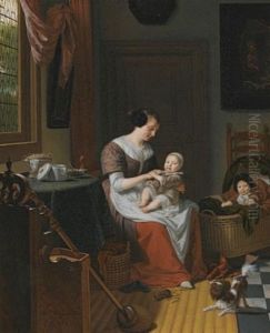 An Interior Scene With Eva Visscher, The Artist's Wife, With A Child In Her Lap And Another Child In A Cot, Beside Them A Dog by Michiel van Musscher