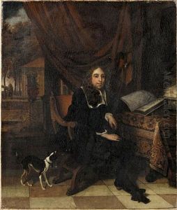 Portrait Of A Gentleman Seated In His Study With His Dog, A View To A Garden Beyond Portrait Of A Gentleman Seated In His Study With His Dog, A View To A Garden Beyond