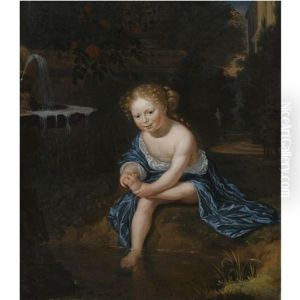 A Young Girl With A Blue And White Satin Dress, Washing Her Feet In A Pond, In A Formal Garden Setting A Young Girl With A Blue And White Satin Dress, Washing Her Feet In A Pond, In A Formal Garden Setting