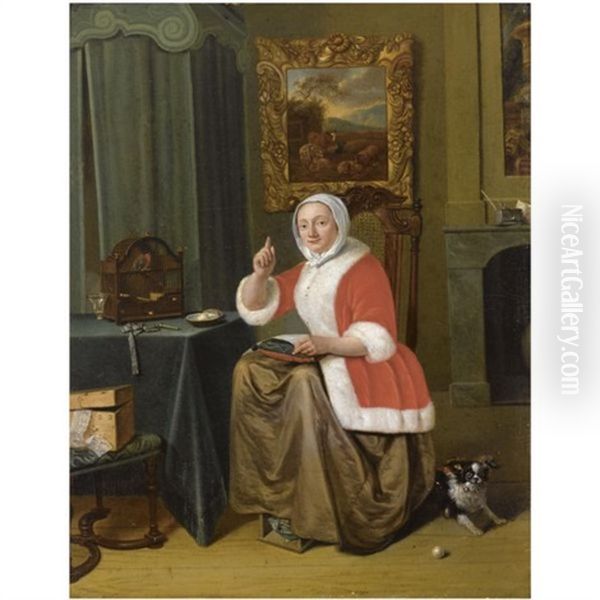 A Lady Sitting In An Interior, Embroidering At A Table With A Bird In A Birdcage, Together With A Dog - view 1