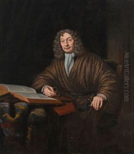 A Portrait Of A Gentleman In His Study, Seated Three-quarter Length At A Table Wearing A Robe, Reading A Book And Holding A Pair Of Glasses In His Hand by Michiel van Musscher