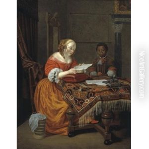 An Interior With A Young Girl, Seated At A Table Covered With An Indian Carpet And Reading A Letter, Attended By A Negro Page An Interior With A Young Girl, Seated At A Table Covered With An Indian Carpet And Reading A Letter, Attended By A Negro Page
