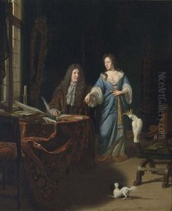 A Portrait Of An Elegant Couple Behind A Table In An Elaborate Interior by Michiel van Musscher