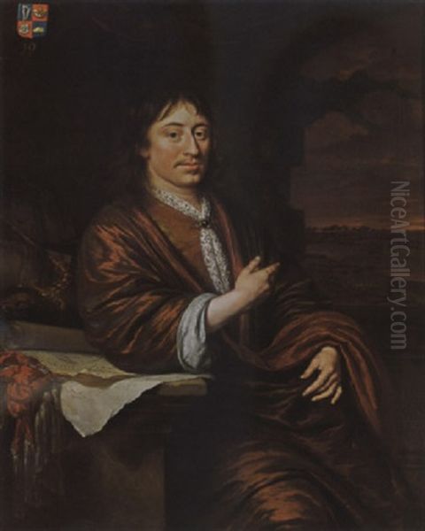 A Portrait Of Gerard Pietersz Hulft, Wearing A Red Overcoat Over A Yellow Suit With A White Lace Chabot, Leaning On A Pedestal - view 1