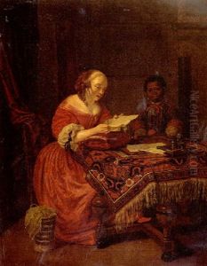 An Interior With A Young Girl, Seated At A Table Covered With An Indian Carpet And Reading A Letter, Attended By A Negro Page