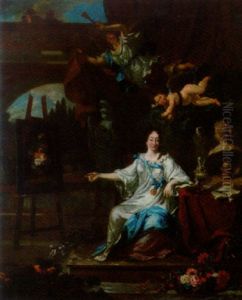 An Allegorical Portrait Of An Artist (rachel Ruysch?) In A White Dress With A Blue Sash Holding A Paint Brush Before An Easel by Michiel van Musscher