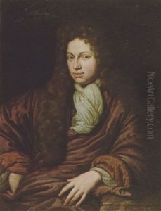 Portrait Of A Gentleman Wearing A Purple Robe With Coral Lining, His Arm Resting On A Marble Ledge