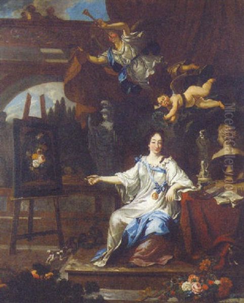 An Allegorical Portrait Of An Artist (rachel Ruysch?) With A Paintbrush Before An Easel, An Angel Blowing A Horn With A Putto Holding A Laurel Wreath Above - view 1