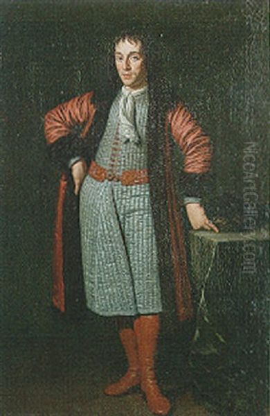 Portrait Of A Gentleman Wearing A Red Fur-lined Coat, A Green Quilted Banyan, A Venetian Cravat, A Turkish Belt And Moroccan Leather Boots - view 1
