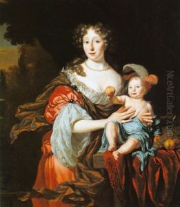 A Portrait Of A Lady, Wearing A Pink Dress And Holding Her Infant Son by Michiel van Musscher