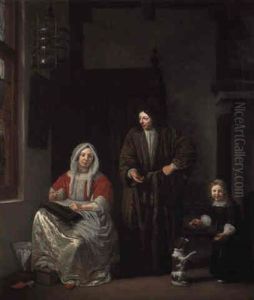 A Lady, Seated Making Lace, With Her Husband And Child, A Dog Nearby by Michiel van Musscher