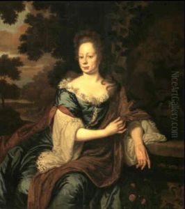 A Portrait Of A Lady, Seated, Three Quarter Length Her Left Arm Resting Against The Edge Of A Fountain Trough by Michiel van Musscher