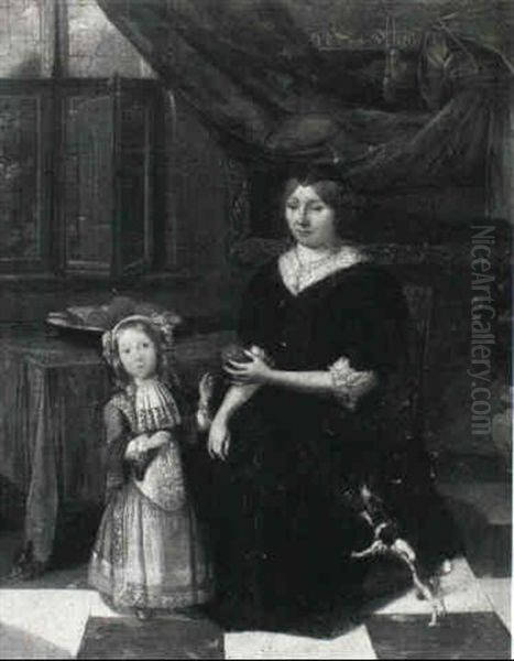 Mother And Child In An Interior With Their Pet Dog - view 1
