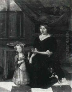 Mother And Child In An Interior With Their Pet Dog by Michiel van Musscher