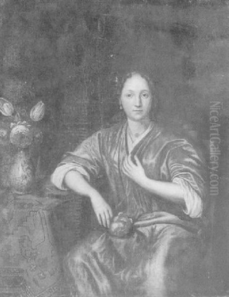 Portrait Of A Lady, Three-quarter Length Seated Beside A Table With A Vase Of Flowers - view 1