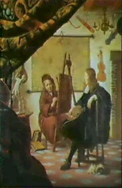 A Self-portrait Of The Artist At His Easel Painting A Seated Gentleman With A Sleeping Dog At His Feet... - view 1