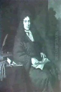 Portrait Of A Gentleman, Seatesmall Three Quarter Length,   Wearing A Brown Dressing Gown With Lace Cravat And Wig, Hold by Michiel van Musscher