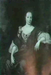 Portrait Of A Lady, Seated, Small Three Quarter Length On   A Terrace, Wearing A Dark Red Silk Dress, White Chemise And