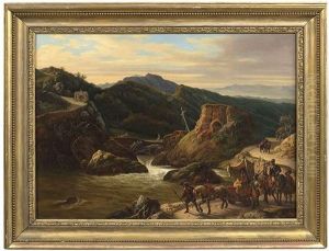 Weite Italienische Gebirgslandschaft Im Abendlicht. Ein Vorhnehmes Paar In Einem Wagen Wird Von Soldaten Eskortiert by Cesare Mussini