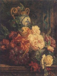 Still Life Of Roses, Grapes And An Urn, On A Ledge by Anne Ferray Mutrie