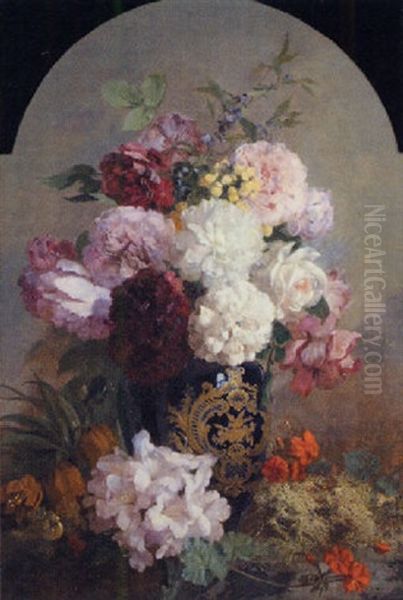 A Still Life Of Paeonies, Roses, Geraniums And Rhododendrons In A Vase - view 1