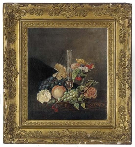 Grapes, Roses, Peaches, Cherries, Strawberries And A Glass Vase, On A Table - view 1