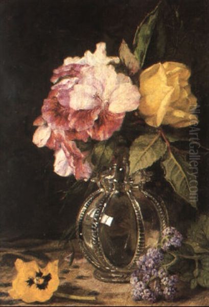 Roses, Heliotrope And Pansy In A Glass Vase - view 1