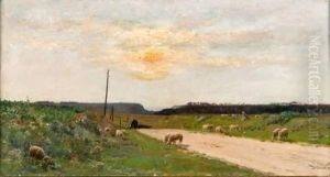 Troupeau Et Caleche Sur Le Chemin by Victor-Jean-Baptiste-Barthelemy Binet