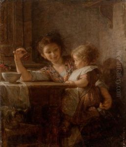 Jeune Femme Et Enfant S'appretant A Manger Des Cerises by Alfred van (Jacques) Muyden