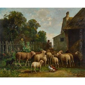 Gehoft Mit Schafer Und Schafherde by Alfred van (Jacques) Muyden