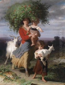 Mutter Mit Kindern Am Heimweg by Alfred van (Jacques) Muyden
