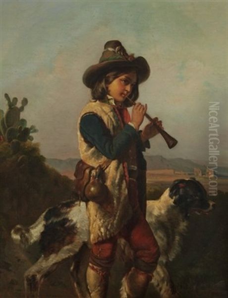 Floten Spielender Schafer Mit Seinem Hund In Einer Landschaft - view 1