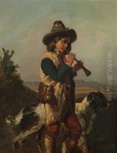 Floten Spielender Schafer Mit Seinem Hund In Einer Landschaft by Alfred van (Jacques) Muyden