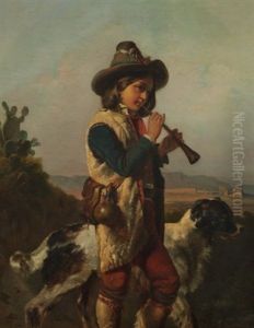 Flotenspielender Schafer Mit Seinem Hund In Einer Landschaft by Alfred van (Jacques) Muyden