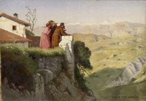 Ein Jager, Eine Frau Und Ein Kapuziner Ins Land Blickend by Evert Louis van Muyden