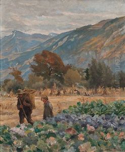 Feldlandschaft Mit Bauernfamilie Bei Der Arbeit Feldlandschaft Mit Bauernfamilie Bei Der Arbeit
