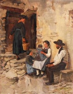 Bauernfamilie Vor Einem Haus In Savieze by Henri Van Muyden