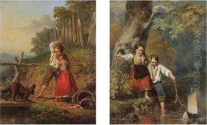 Twee Kindjes Spelend Met Bootje Aan De Rivier Twee Kindjes Spelend Met Bootje Aan De Rivier
