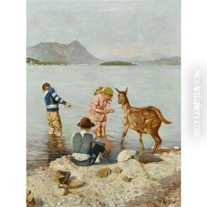 Kinder Mit Ziege Am Sommerlichen Seeufer by Alfonso Muzij