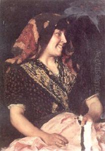 A Gypsy Woman Sewing In An Interior by Giovanni Muzzioli