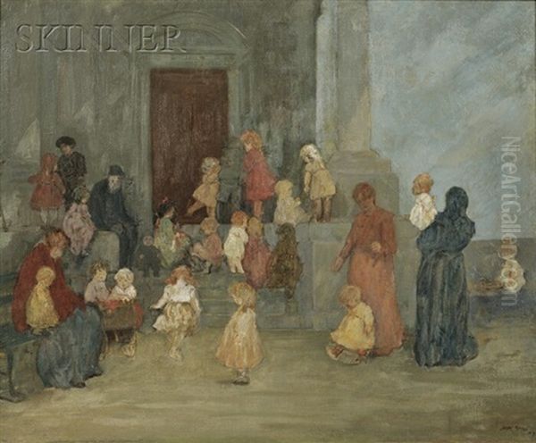 Figures Gathered Beside Church Steps - view 1